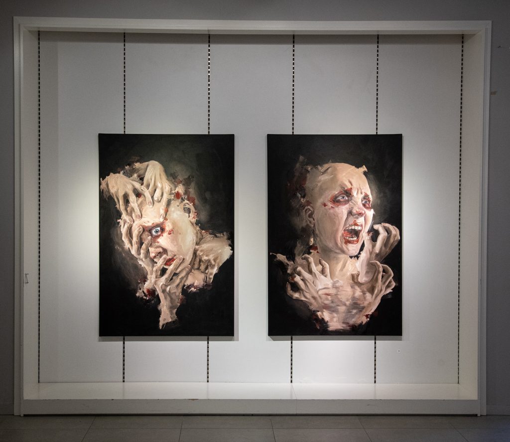 Sekasorron syleily | öljy ja akryyli kankaalle | 2 kpl x 150 cm x 100 cm | 2025
