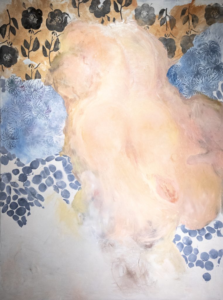 Suudelma | öljyväri, puupiirros | 200 cm x 148 cm | 2025 